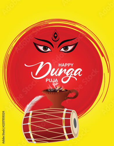 Happy Durga Puja Poster With Goddess Face, Dhak Drum And Traditional Bengali Decorations vector poster