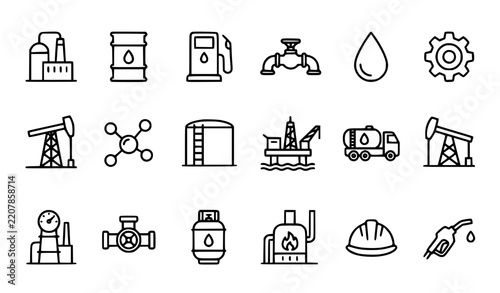 Oil Gas Petroleum Industry Line Art Vector Icons Set