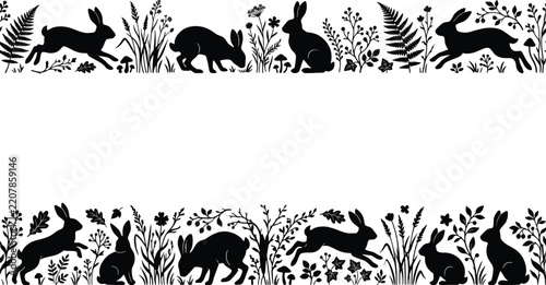 Wildland rabbit silhouette seamless border vector, woodland animal and botanical frame banner, rustic easter hare field graphic, black and white nature background