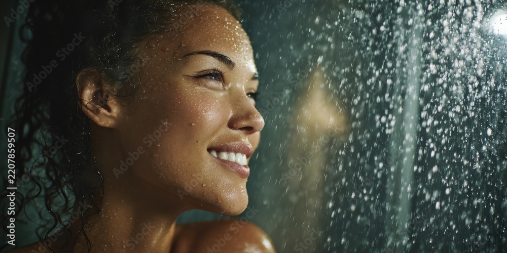 Fototapeta premium Woman Enjoying Refreshing Shower Experience with Soft Lighting and Water Droplets on Glass Enclosure in Contemporary Bathroom Setting