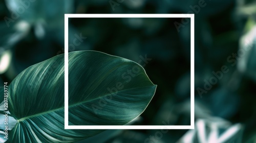 Green leaf framed by a white square on a dark background with blurred foliage