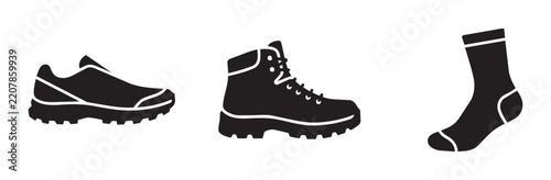 Footwear Collection: Hiking Boots, Running Shoes, and Socks, Black Silhouette Icons for Outdoor Activities, Sports, and Travel Gear