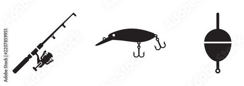 Fishing Rod, Lure, and Bobber Icons: Essential Gear for Anglers, Vector Set for Outdoor Recreation and Sport