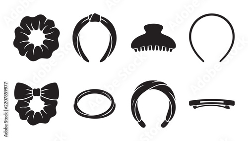 Vector Hair Accessories Collection, Black Silhouettes of Scrunchies, Headbands, Claw Clips, and Barrette for Styling and Fashion