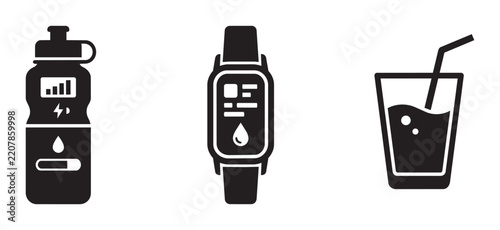 Fitness Tracker Watch, Water Bottle, and Drink Icons: Health and Hydration Symbols for Wellness and Activity