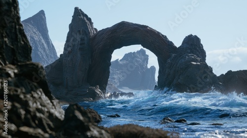 Rock formation in ocean with waves crashing under natural arch