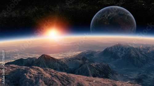 Sunrise over a distant planet with mountains and a view of the galaxy