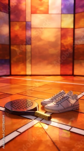 Athletic Sneakers and Paddle on a Vibrant Wooden Court with Abstract Background.