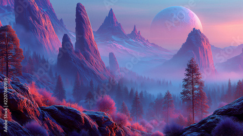 Majestic mountain landscape with large moon in twilight sky