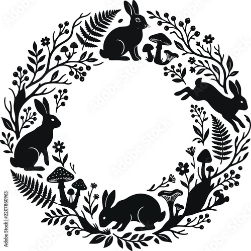 Linocut Woodland Rabbit Wreath Vector Illustration, Folk Art Forest Hare Floral Frame, Botanical Mushroom Round Border Emblem
