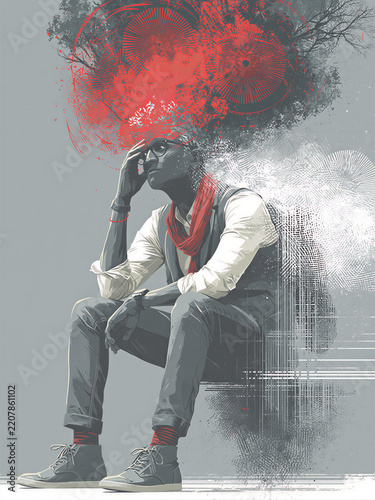 Stressed Man with Abstract Red Mind Explosion Illustration