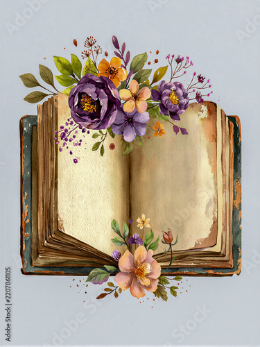 Open vintage book decorated with colorful watercolor flowers
