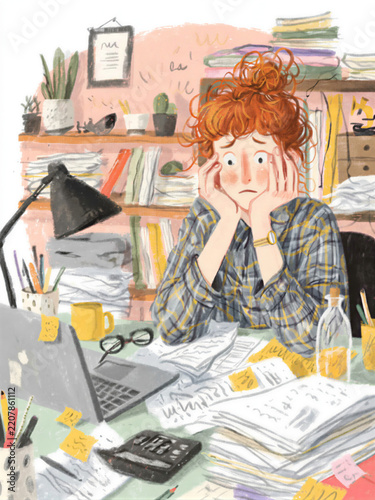 Stressed young woman overwhelmed by paperwork at messy desk