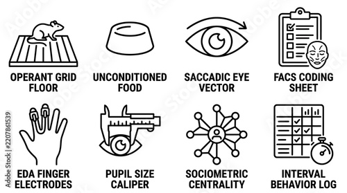 Set of laboratory animal research and behavioral observation icons with laboratory research behavioral psychology saccadic electrodes centrality interval experiment biometric analysis