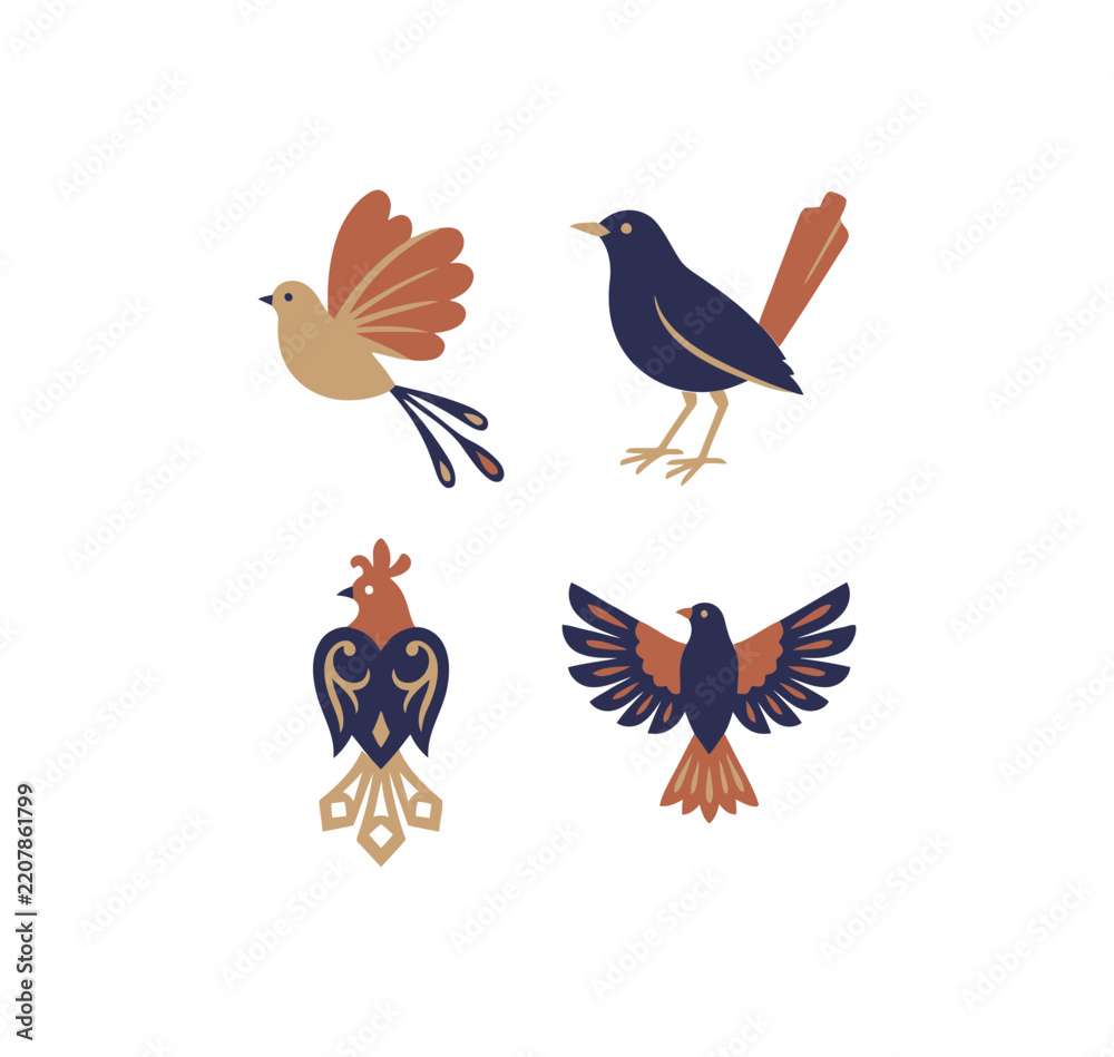 Fototapeta premium Scandinavian Folk Art Bird Collection with Four Decorative Colorful Birds