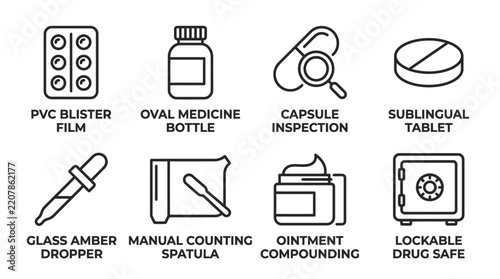 Set of medical pharmaceutical industry outline icons featuring various drug manufacturing and laboratory equipment pharmaceutical laboratory medicine manufacturing equipment healthcare analysis