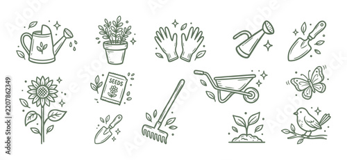 Gardening Icons Vector Set Hand Drawn Doodle Green Line Art