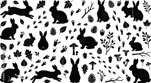 Black rabbit silhouettes set, forest wildlife hare icon collection, autumn leaves mushrooms pinecones footprint elements, nature vector pattern