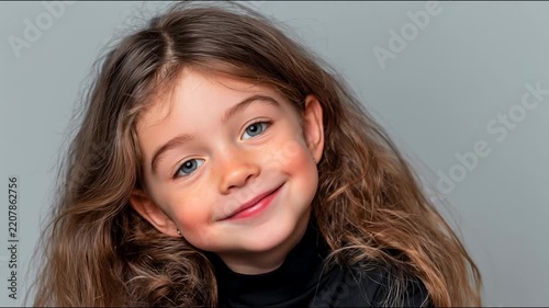 A cute young girl with long brown hair and blue eyes makes various playful expressions and smiles against a gray background.