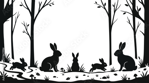 Silhouette rabbit forest vector, black and white woodland hare scene, nature woodland wildlife background for papercut design