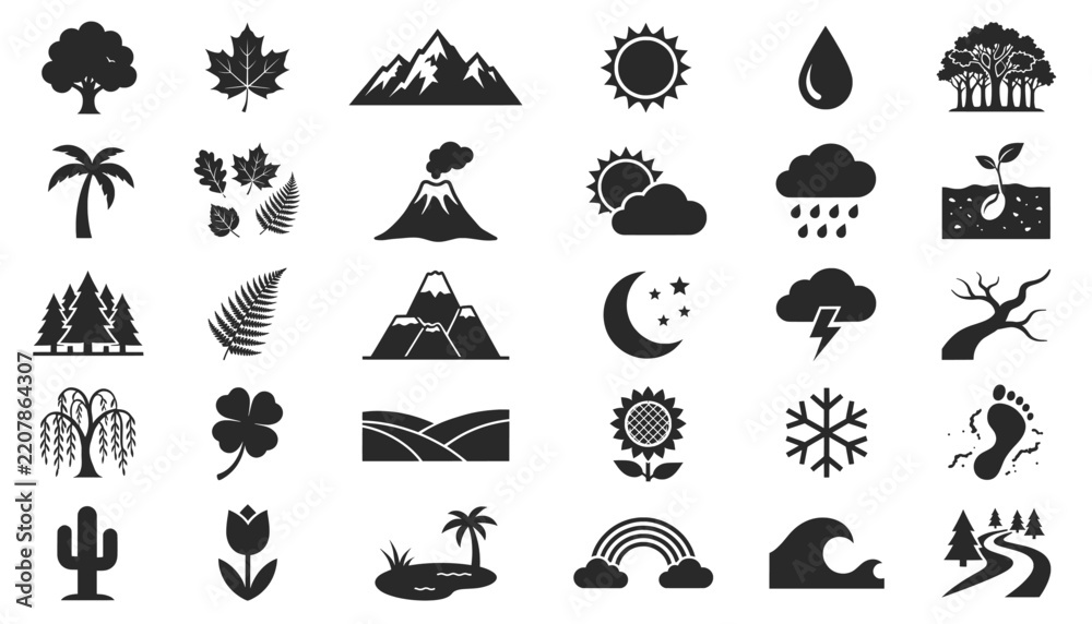 Obraz premium A set of 30 solid black silhouette icons featuring nature, landscapes, trees, leaves, weather, and the environment.