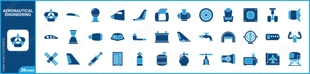 Fototapeta premium Aeronautical engineering icons vector filled duotone set for aviation mechanics aircraft design technology aerospace industry