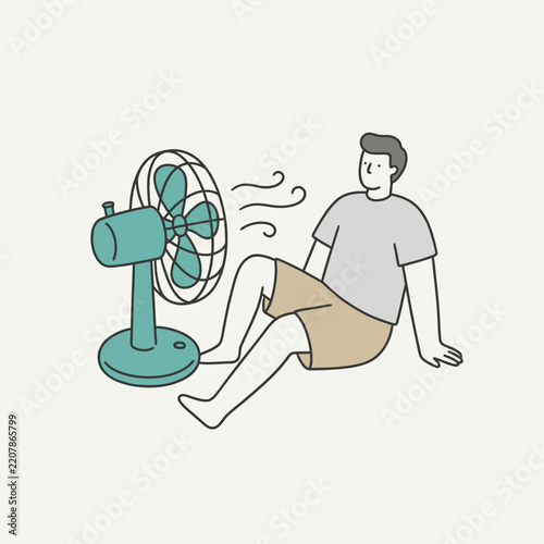 Vector illustration of a man cooling down in front of an electric floor fan in summer