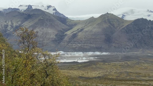 Establishing view of Skaftafellsjokull glacier and glacial foreland in Vatnajokull National Park, Iceland