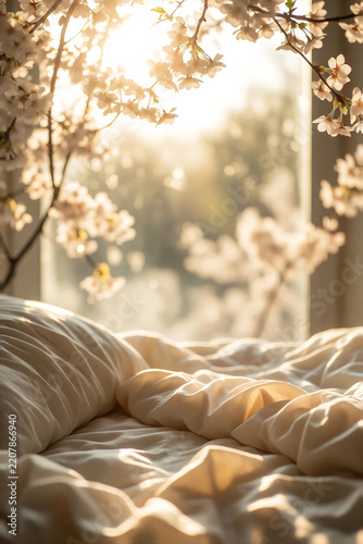 Cozy bedroom interior with unmade bed linen bathed in warm morning sunlight streaming through a window framed by blooming spring cherry blossom branches creating a peaceful and serene awakening