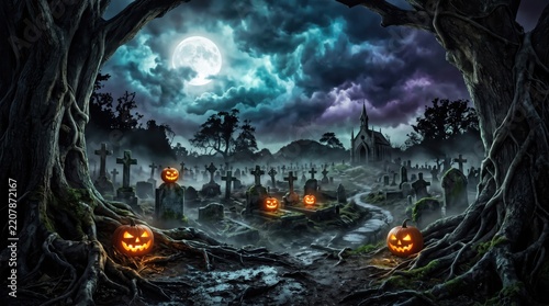 Halloween graveyard, spooky cemetery and glowing jack o lanterns with full moon and creepy church. Spooky night landscape, autumn holiday concept, dark fantasy forest and fog at midnight