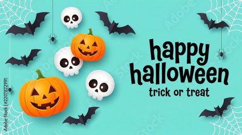 Halloween, trick or treat and happy halloween text with pumpkin, skull and bats in flat lay background. Spooky holiday design, autumn festival greeting and celebration concept with creepy elements