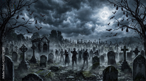 Zombie horde, undead crowd and walking dead in creepy cemetery with full moon, horror night and spooky graveyard. Halloween monster apocalypse, spooky graveyard ghosts and ghouls rising from graves