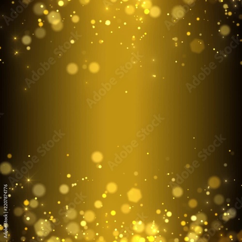 Video animation of golden glitter particles with defocused bokeh. Abstract moving background - seamless loop - christmas and vacation concept.