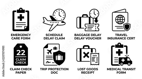 Collection of travel insurance and emergency claim document icons for airport and flight travel protection with insurance emergency document protection certificate services transport schedule