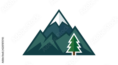 Vector illustration of a snowy mountain peak with pine tree forest landscape symbol or logo design