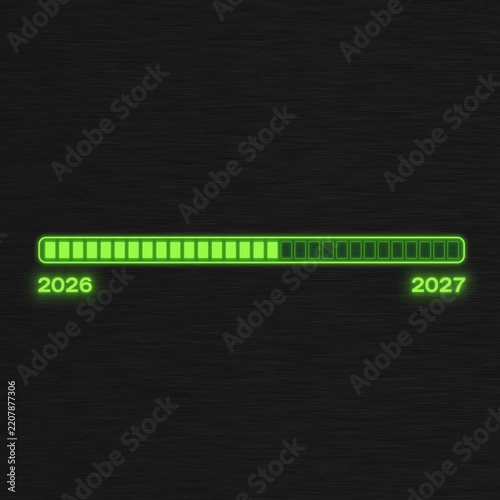Video animation of loading bar in neon green with the message loading 2027 over dark background - new year concept - represents the new year 2027 - seamless loop.
