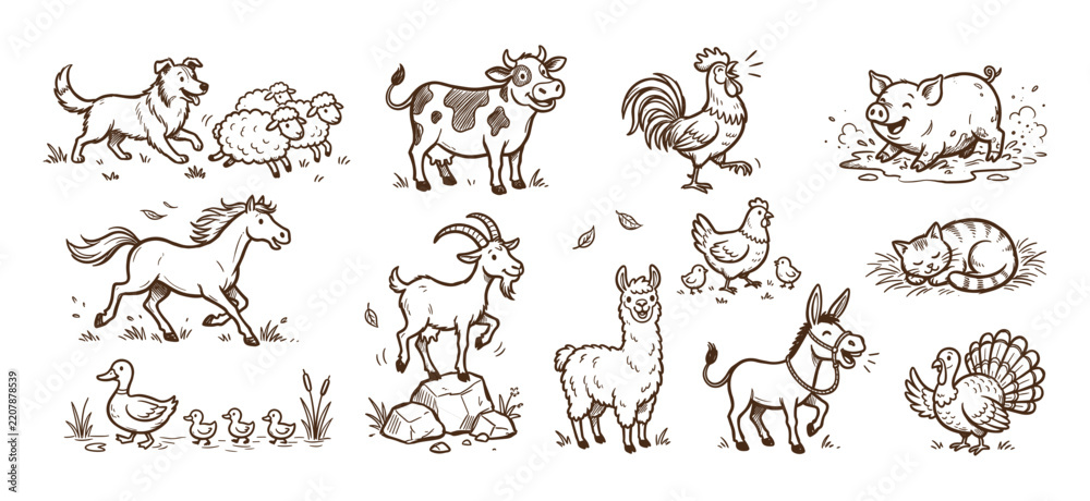 Obraz premium Farm Animals Vector Set Hand Drawn Countryside Brown Line Art