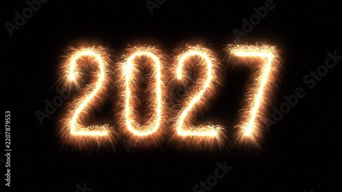 Video animation of sparklers featuring the year 2027 over black background - represents the new year - vacation concept.