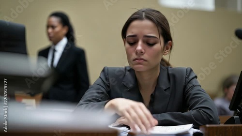 Emotional moment in court as woman reacts during important legal proceedings