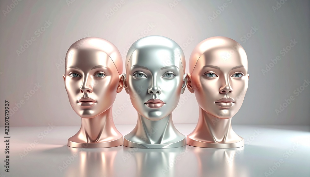 Fototapeta premium Three Metallic Female Robot Heads in Rose Gold, Silver, and Bronze on Gray Background