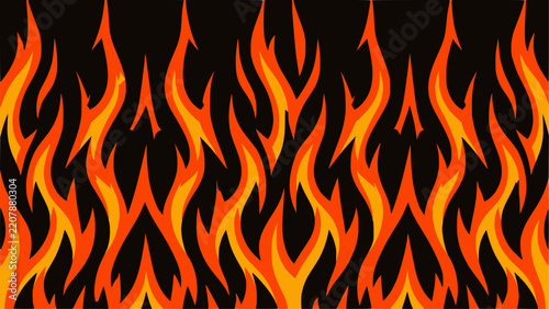 Sport jersey sublimation background vector with upward licking fire flame pattern in bold orange, red, and yellow on black. Energy blaze design for athletic wear and sublimation print.