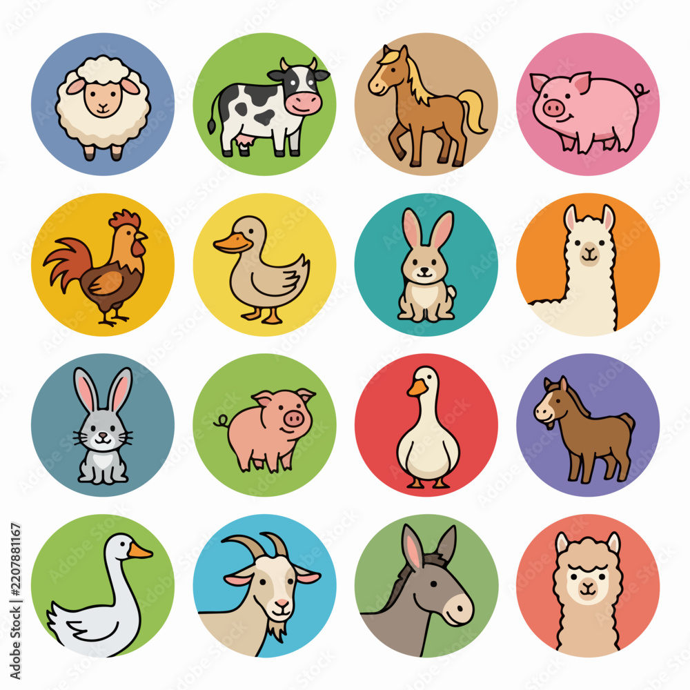 Fototapeta premium Domestic farm animal and livestock flat vector icons.