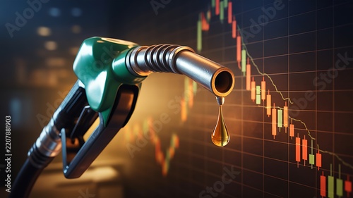 Fuel nozzle with dripping gasoline against a declining financial market chart