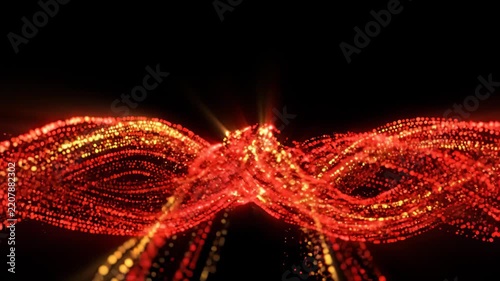 Abstract Red and Gold Glowing Particle Waves Flowing and Twisting on Black Background