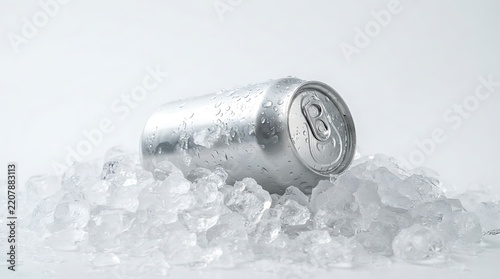 A cold silver aluminum beverage can covered in water droplets lying horizontally on a bed of crushed ice cubes against a white background