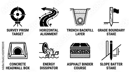 Road construction and highway engineering design icons with construction engineering alignment backfill concrete headwall dissipator infrastructure planning surveying drainage boundary