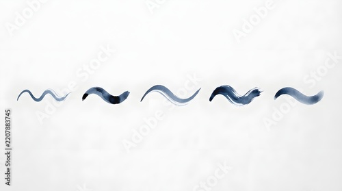 Five dark blue ink brush strokes with fluid curves painted in abstract style on white background.