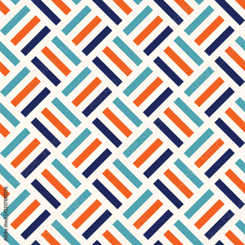 Seamless pattern created from blocks of three diagonal navy blue, orange and teal rectangles on an white background