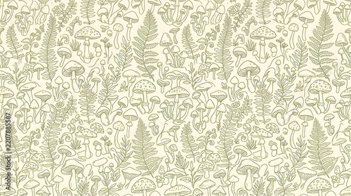 A charming hand-drawn illustration of various mushrooms and ferns creating a whimsical pattern. This design evokes a sense of nature and forest magic, perfect for a unique backdrop or textile print