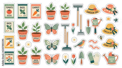 Collection of gardening stickers, featuring seed packets, potted plants, garden tools, watering cans, butterflies, hats, and flowers
